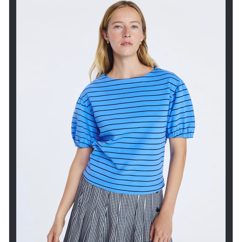 Free Assembly Blue Striped Puff Sleeve Boat Neck Top Large NWT
